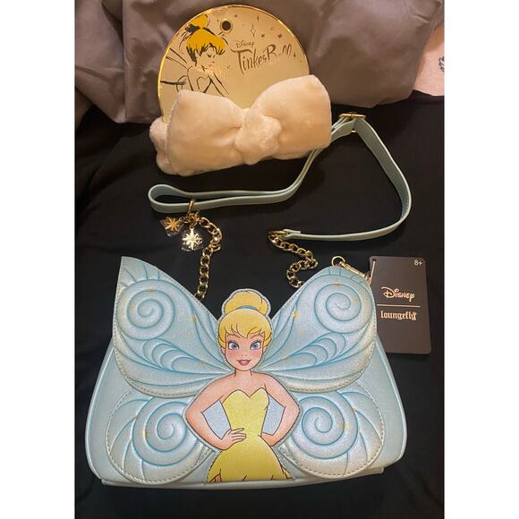 NWT Disney Loungefly Tinkerbell WINGS Peter Pan Glitter Crossbody Bag & Headband - Picture 1 of 10